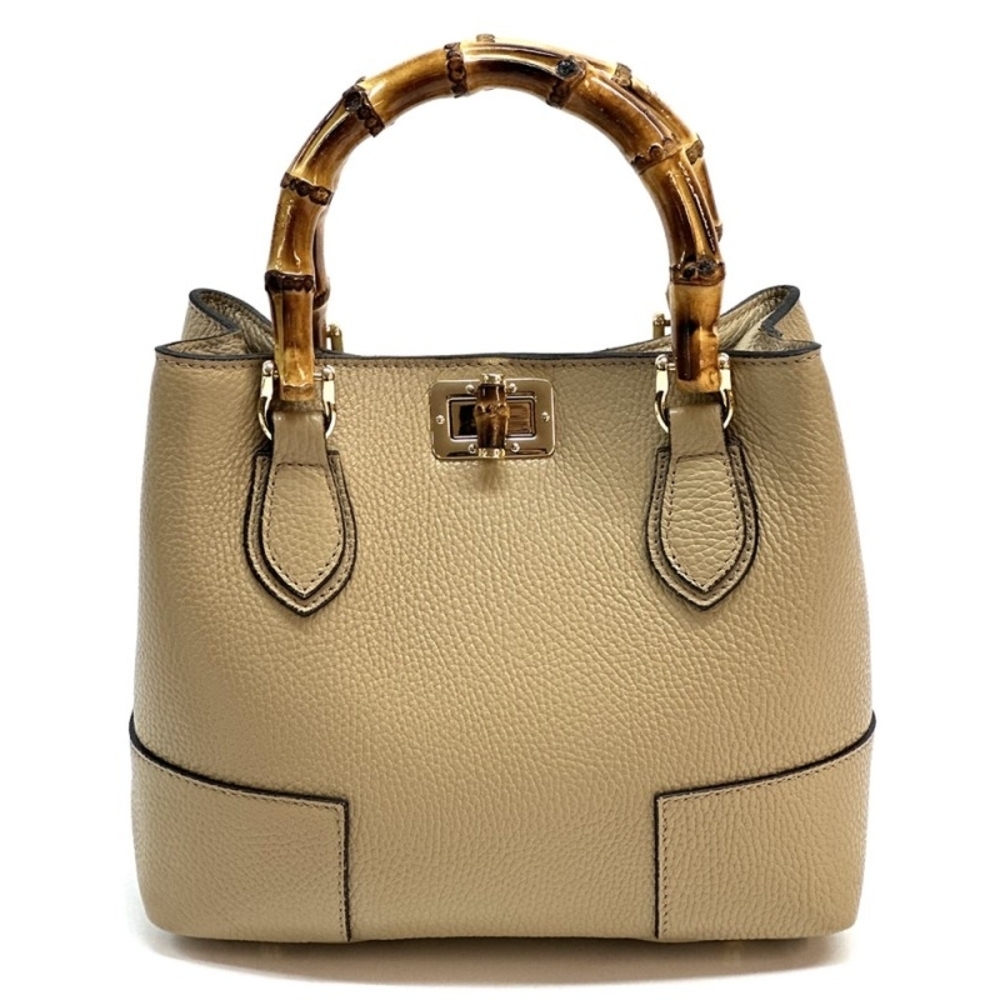 Beige/Taupe Leather Tote with Bamboo Handles. Handmade In Italy